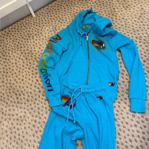 Aviator Nation Blue Hoodie and matching sweats with Rainbow Detail